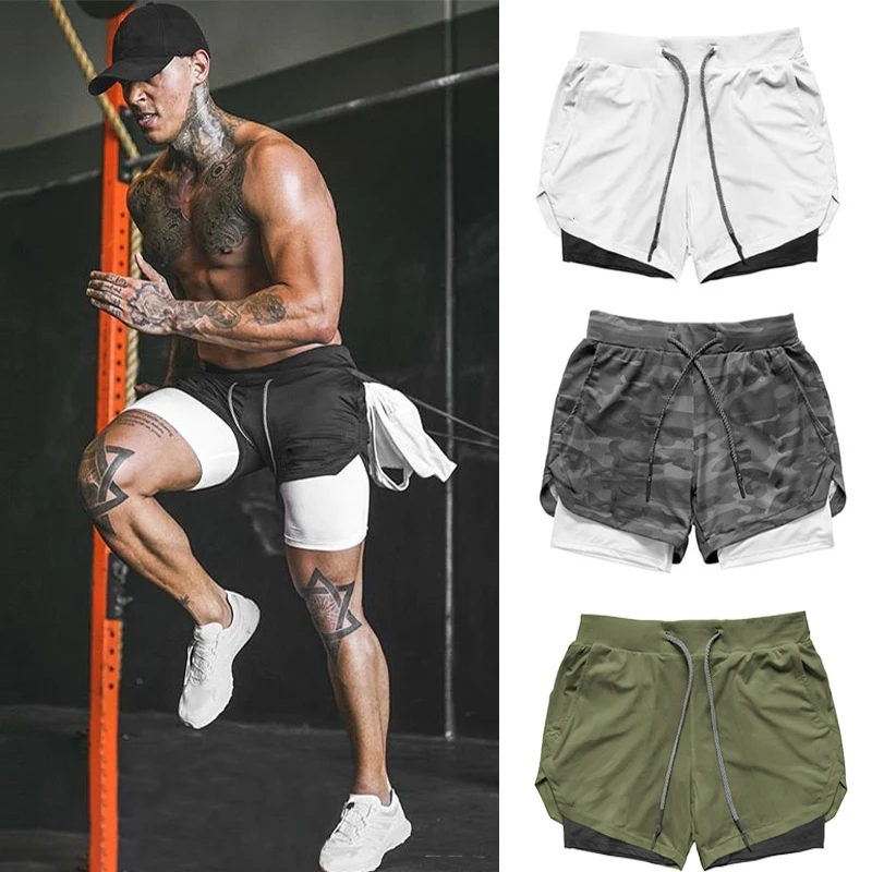 

Joggers Shorts Mens 2 in 1 Short Pants Gyms Fitness Bodybuilding Workout Quick Dry Beach Shorts Male Summer Sportswear Bottoms