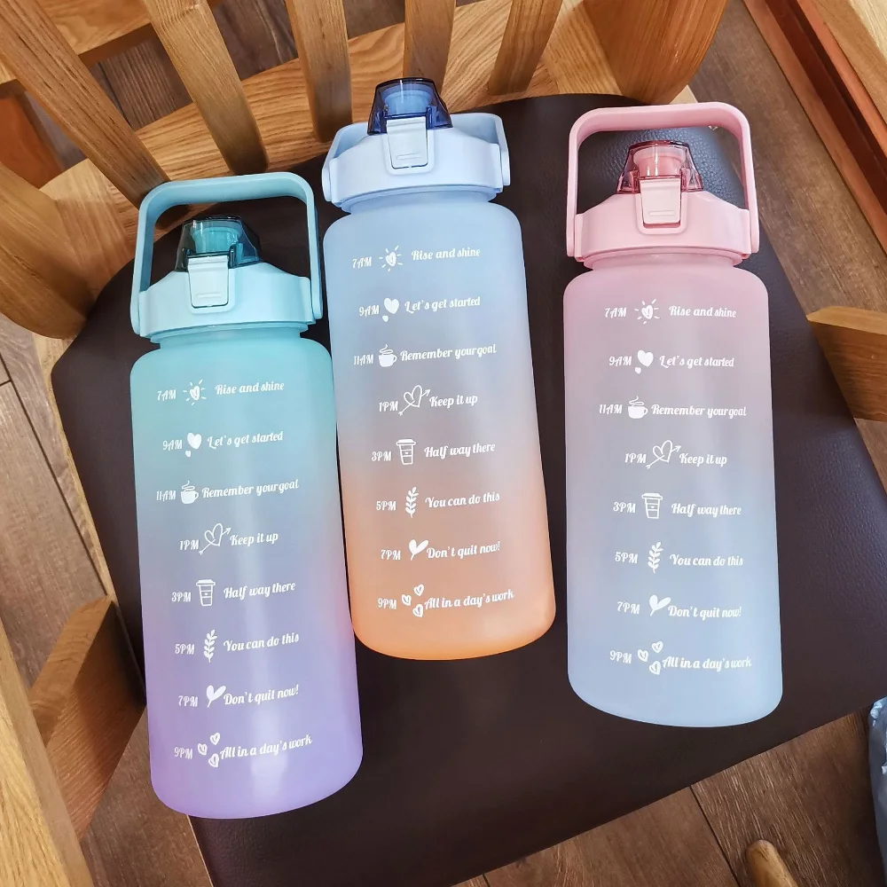2L Large Capacity Water Bottle Straw Cup Gradient Color Plastic Cups With Time Marker Outdoor Fitness Sports |