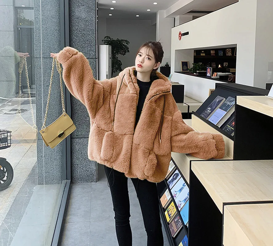 Faux Fur Coats Women Clothing Thick Winter Plus Size Loose Warm Outwear Imitation Mink Fleece Casual Leopard Hooded Jacket Parka