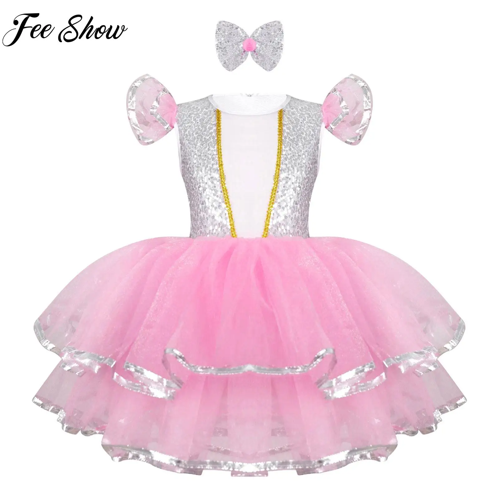 

Kids Sparkly Sequin Tutu Dress Birthday Party Stage Performance Outfit Zipper Back Ruffle Sleeve Dresses with Bowknot Hair Clip