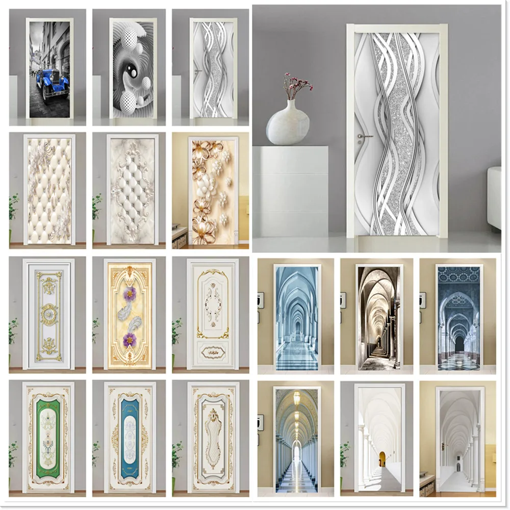 

Bedroom PVC Door Sticker Modern 3D DIY European Fashion Wallpaper Living Room Art Door Poster Self-Adhesive Mural Stickers Home