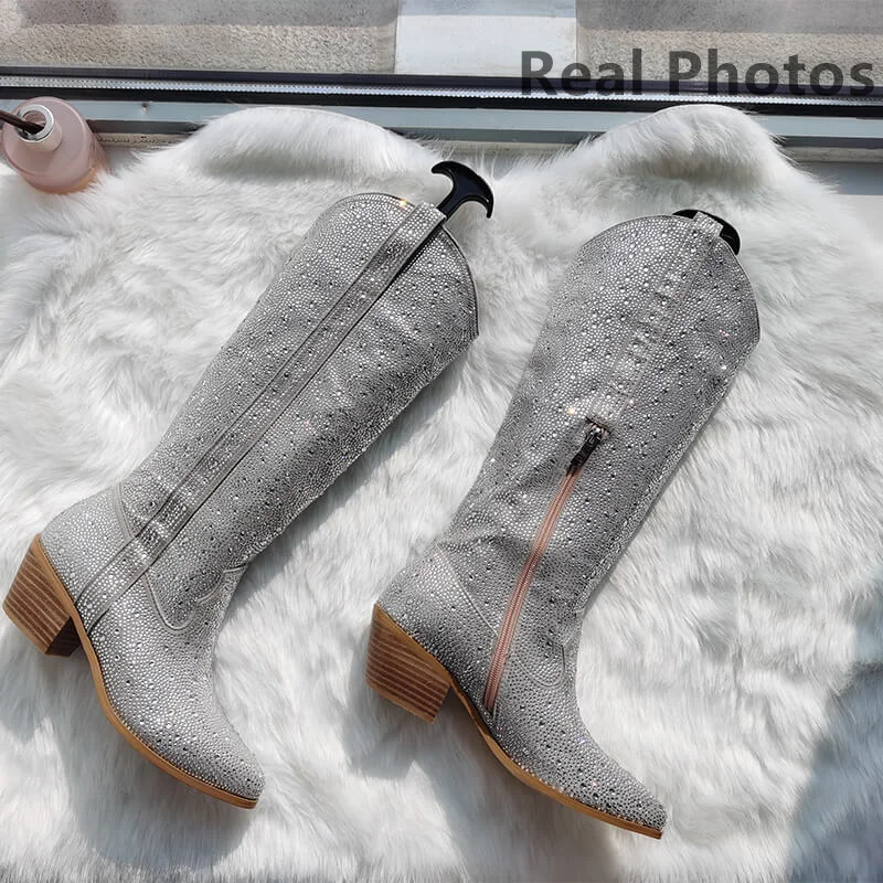 

Женские сапоги со стразами Onlymaker, серебристые сапоги до колена, блестящие женские сапоги с острым носком на блочном каблуке