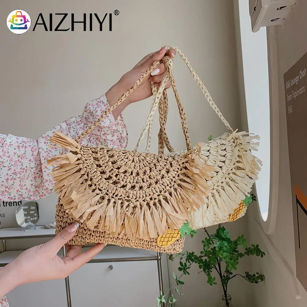 

Fashion Casual Pineapple Straw Women Handbags Summer Beach Vacation Handmade Tassel Lady Travel Purses Messenger Shoulder Bag