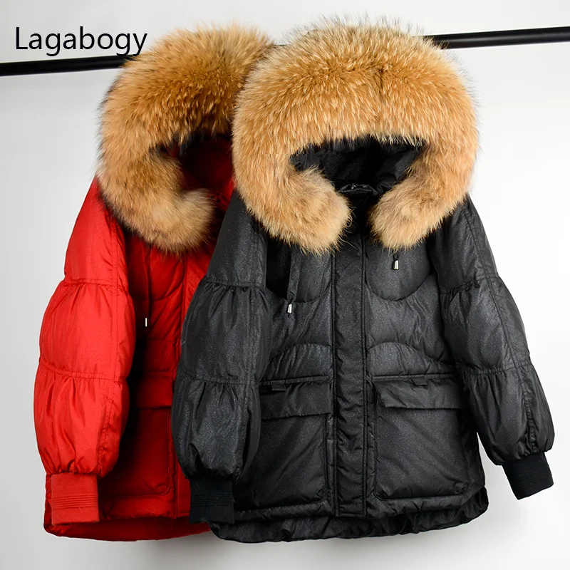 2021 Winter White Duck Down Coats Women Medium Long Hooded Puffer Jackets Female Glossy Parkas Real Raccoon Fur Collar