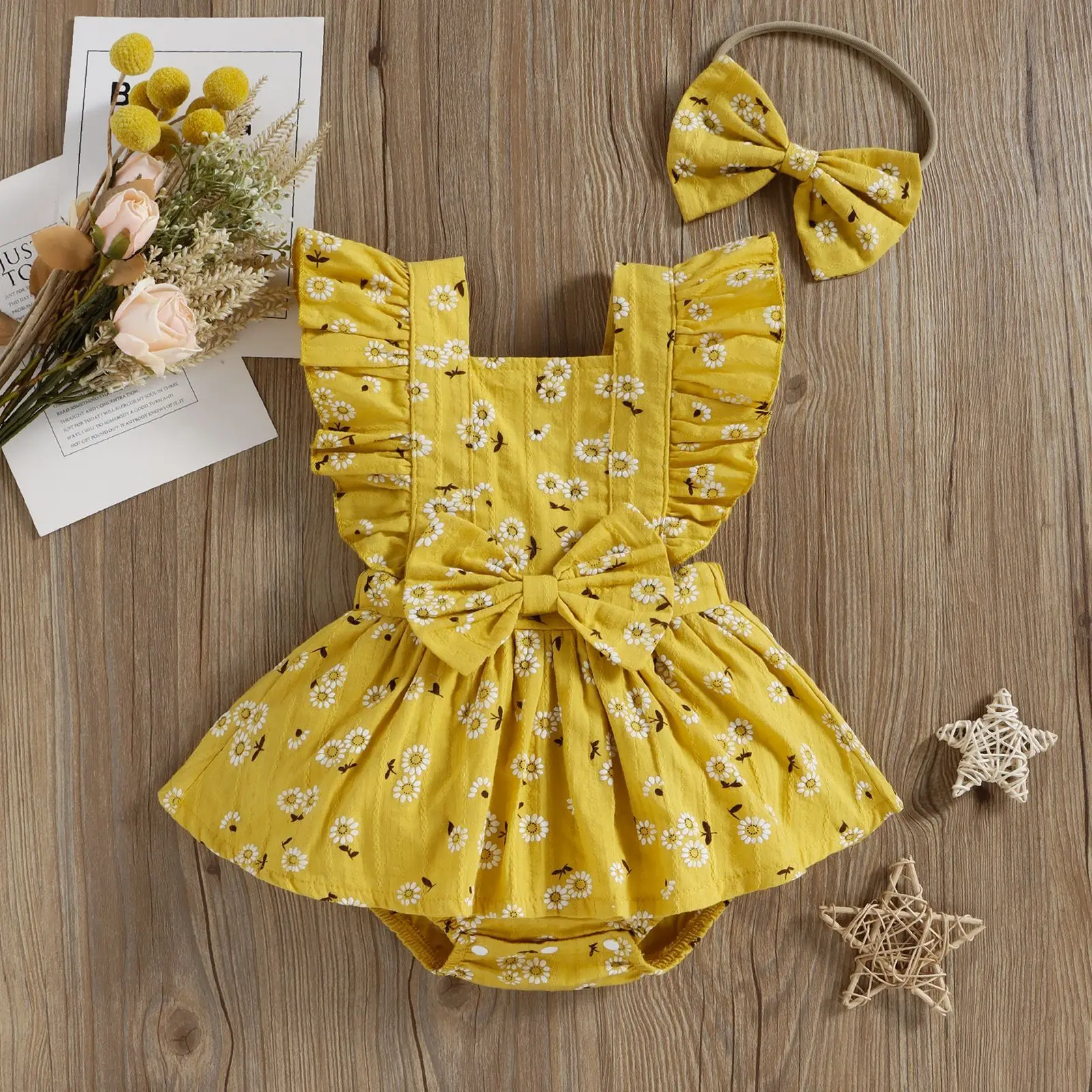 

Newborn Baby Girls Dress Romper Fly Sleeve Backless Dress Ruffle Jumpsuits Headband Infant Summer Floral Print Dress Outfits