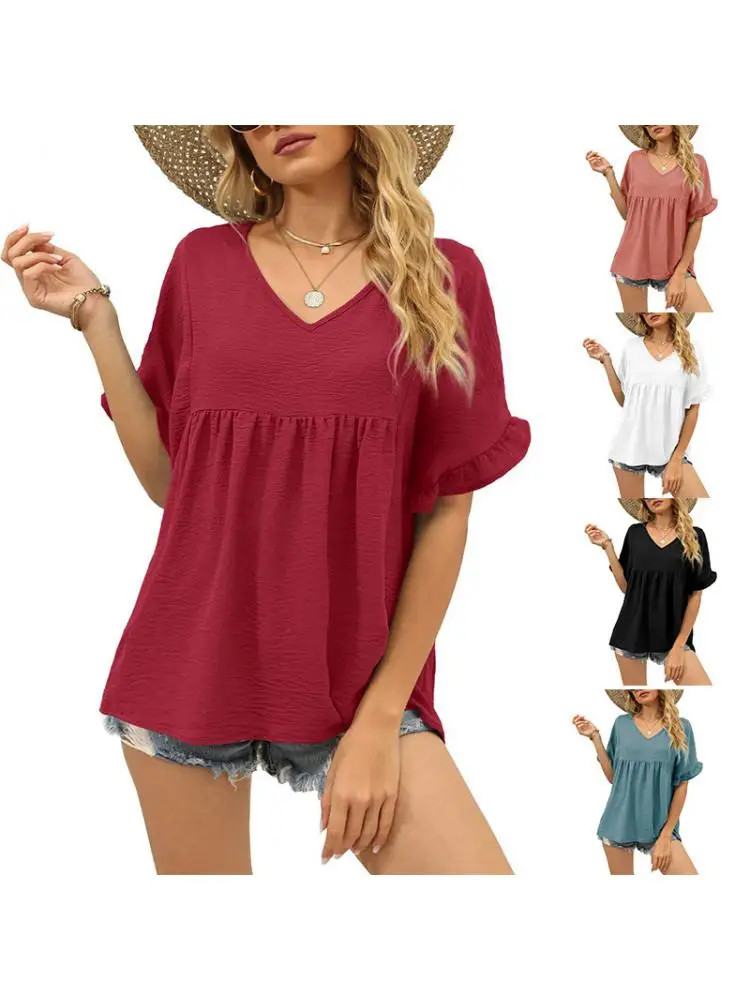 

Однотонная Повседневная Свободная футболка 2022 с V-образным вырезом, Женская плиссированная летняя футболка с коротким рукавом и шитьем
