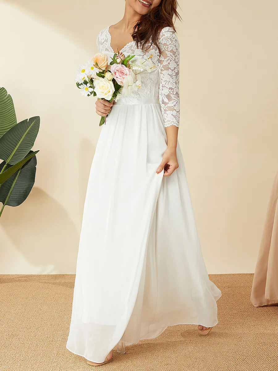 

New Womens Long Dress Solid Color Patchwork Lace V-Neck Mid-Sleeve Backless Back Zipper Female Dress Party Elegant Hot Sale