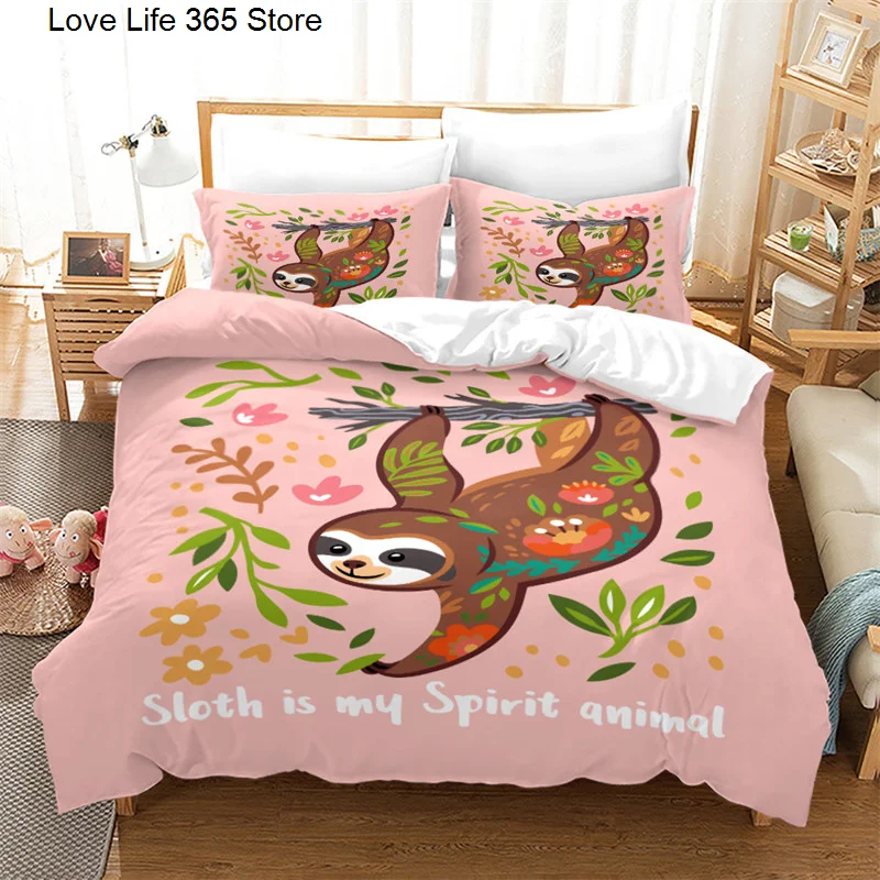 Cute Cartoon Sloth Duvet Cover Floral Leaves Print Bedding Set For Kids Teens Bedroom Decor Flowers Comforter Cover Pillowcases