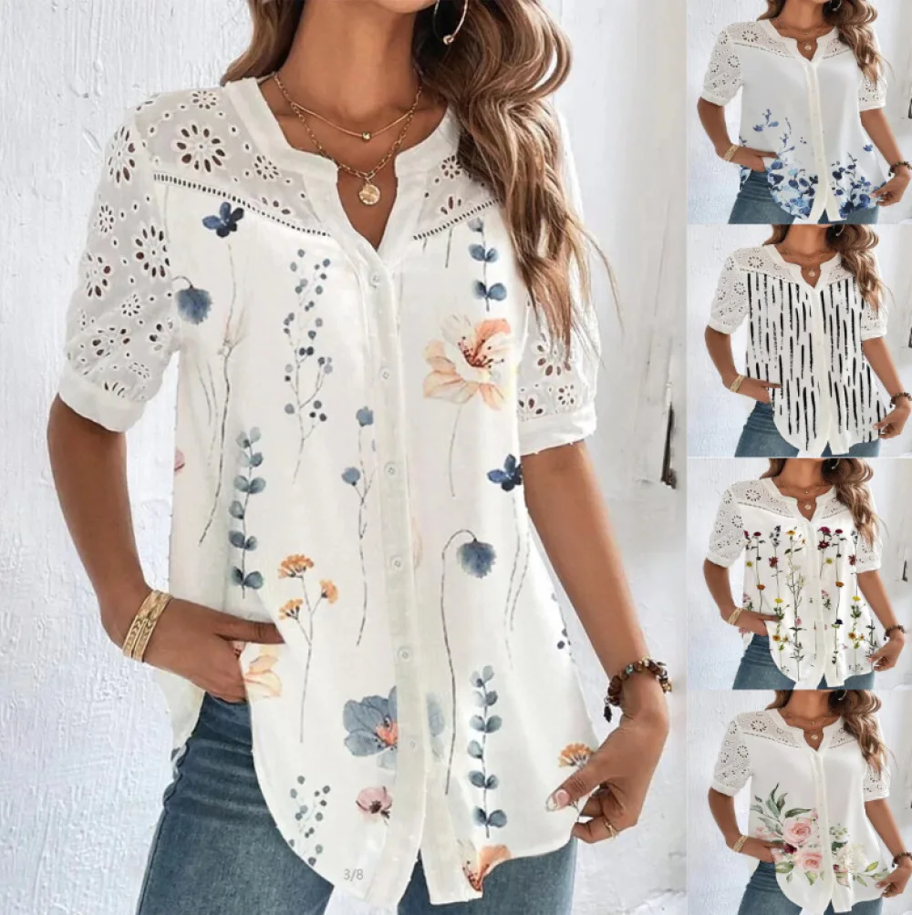 

New Fashion Shirt Single-breasted Lapel Short Sleeved Printed Top for Women Summer Printing Hollow Out Cardigan Loose Blouses