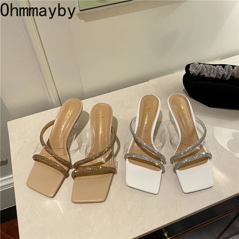 

2022 New Open Toe Sandals Women Fashion High Heel Ladies Slip On Transparent Slides Rhinestones Sandal Summer Mujer