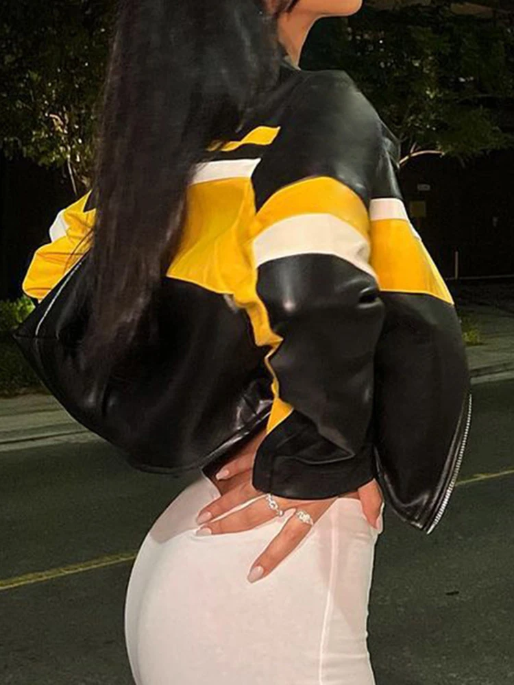 SUCHCUTE Motorcycle Contrast Stripe Print Leather PU Jackets Streetwear O Neck Jacket Zip Up Moto & Biker Women Clothes Racing 