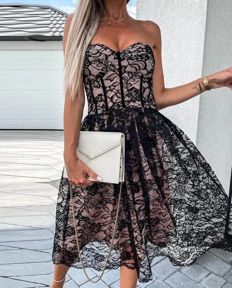 

Women's Dresses Summer 2022 Sexy Bandeau Corset Crochet Lace Dress Party Dress A Line Sleeveless Floral Female Clothing Casual
