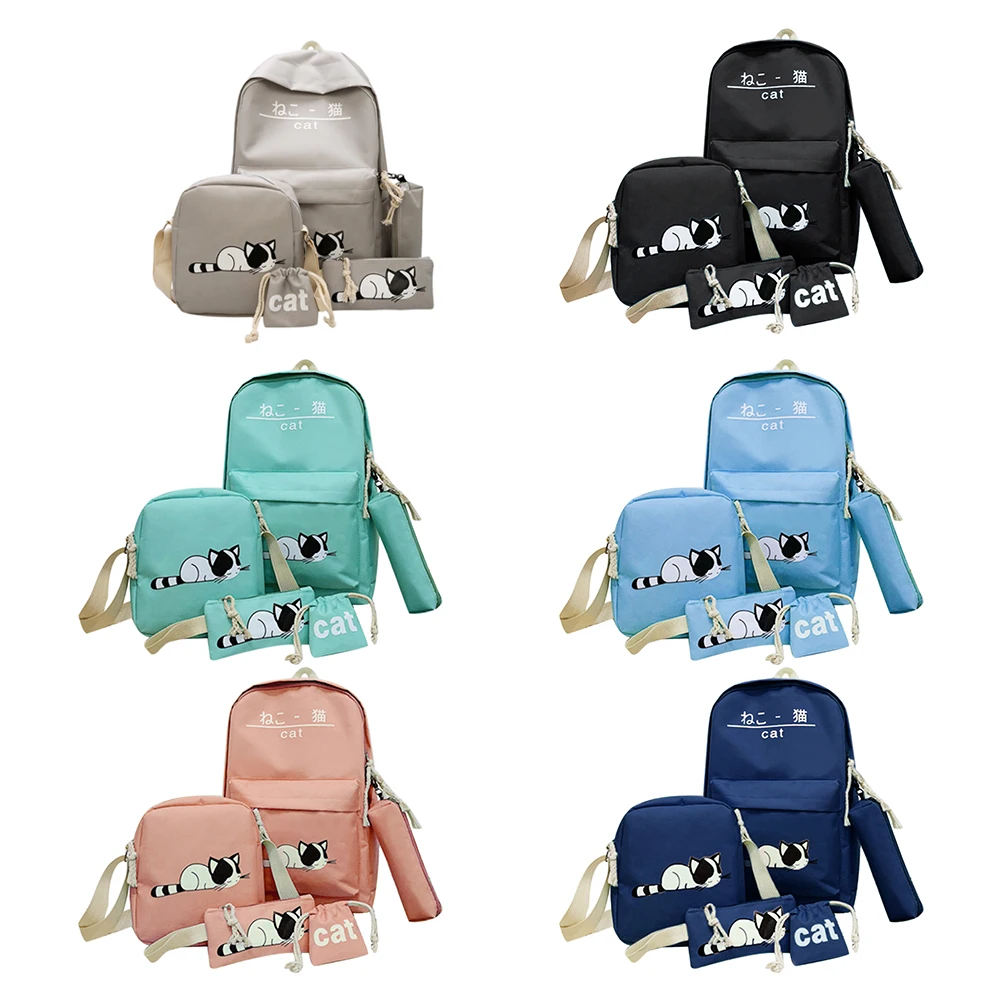 

5pcs/set Cute Cat Canvas Bags Student Travel Backpack Shoulder Clutch Bag