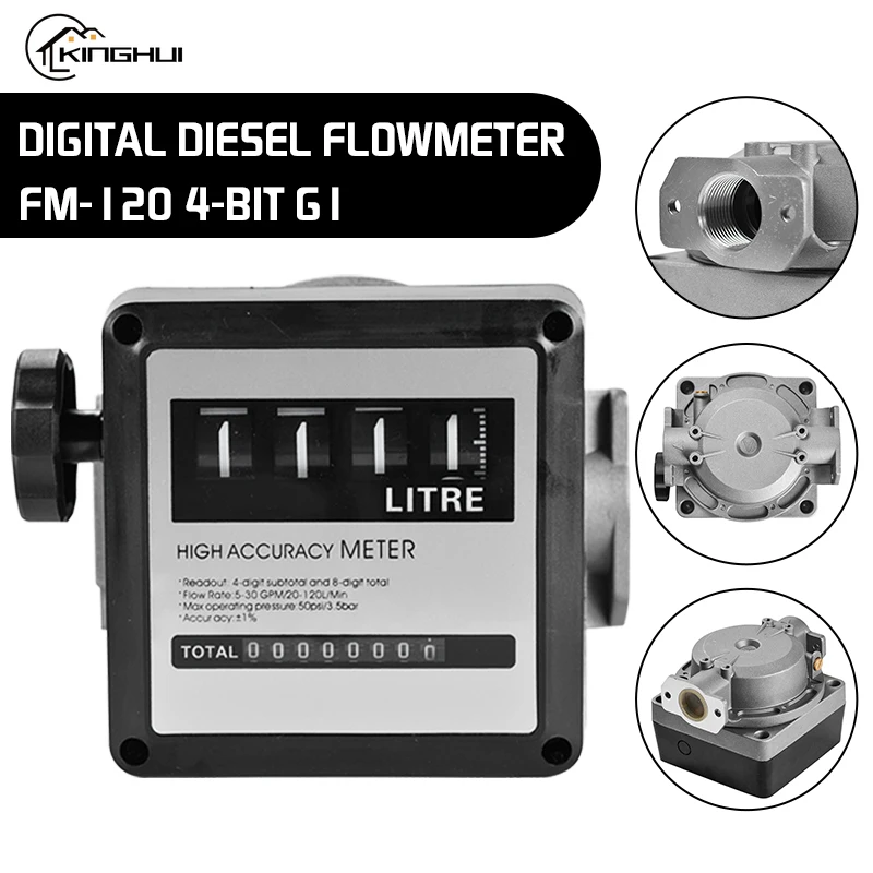 

FM-120 4 Digital Gasoline Fuel Petrol Oil Flow Meter 20-120L/Min for Diesel Fuel Oil Flow Sensor Counter Gasoline Meter Display