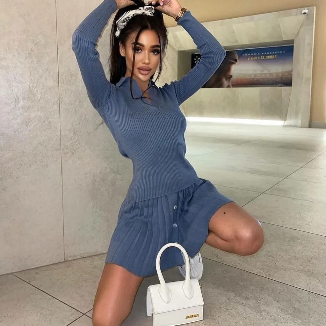 

Knitted Pleated Skirt Set Women Sexy Long Sleeve Slim Tops And High Waisted Mini Skirt Dress Two Piece Set Y2K 2022 Chic Vestido