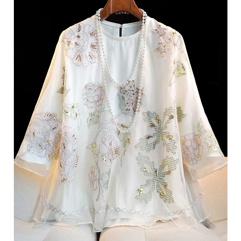 Summer New High End White Beaded Sequins+Embroidered Silk Shirt Women O-Neck Three Quarter Sleeve Elegant Top S-XL