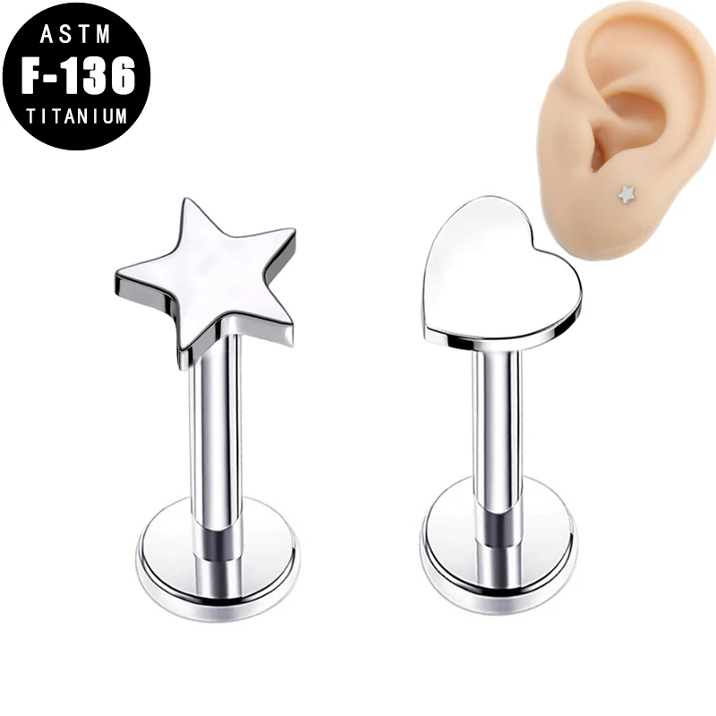 

ASTM F136 Titanium Labret Ring Lip Piercing Heart Star Internally Threaded Ear Cartilage Tragus Earrings Helix Lip Ring Jewelry