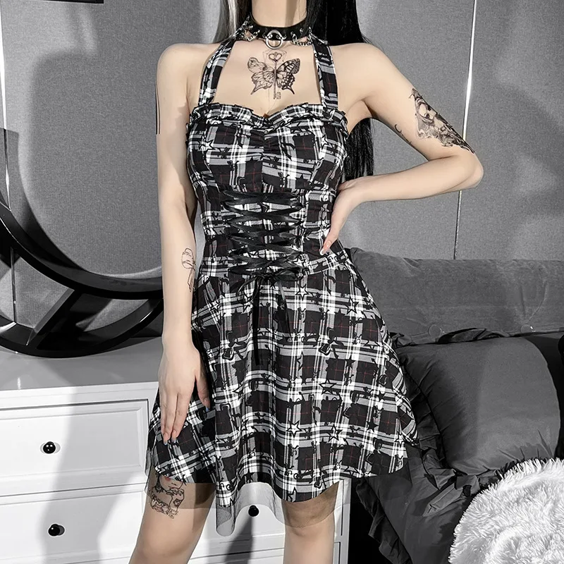 

Women'S Dress Vintage Plaid Star Pattern Lace Ruffles Suspenders Straps Open Back Slim Fit Gothic Punk High Waist Dress