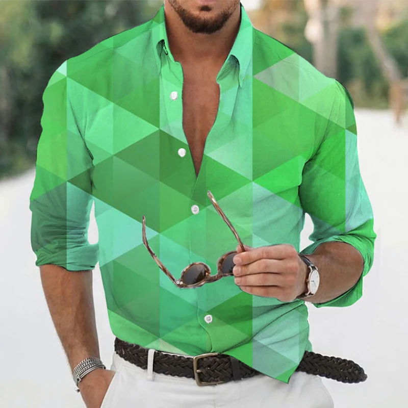 

Men's Polyester Long Sleeve Shirt Geometry Print Casual Male Top Turn-down Collar Buttoned Shirts Clothes Blouse Clothing Men