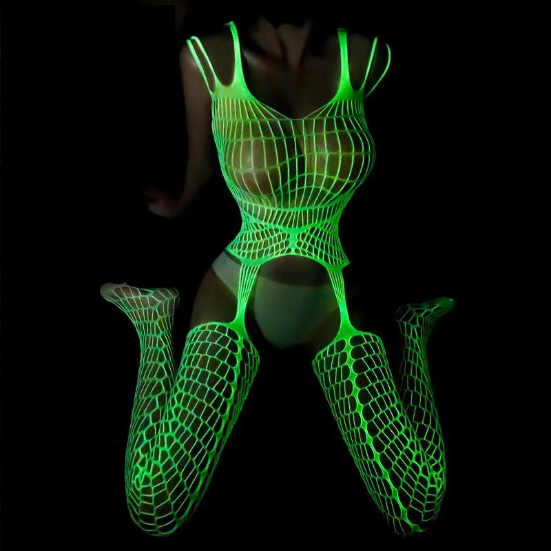 

Glow In The Dark Fishnet Stockings Leggings Shining Light One-piece Mesh Clothes Perspective Suspenders Fishnets Luminous Socks