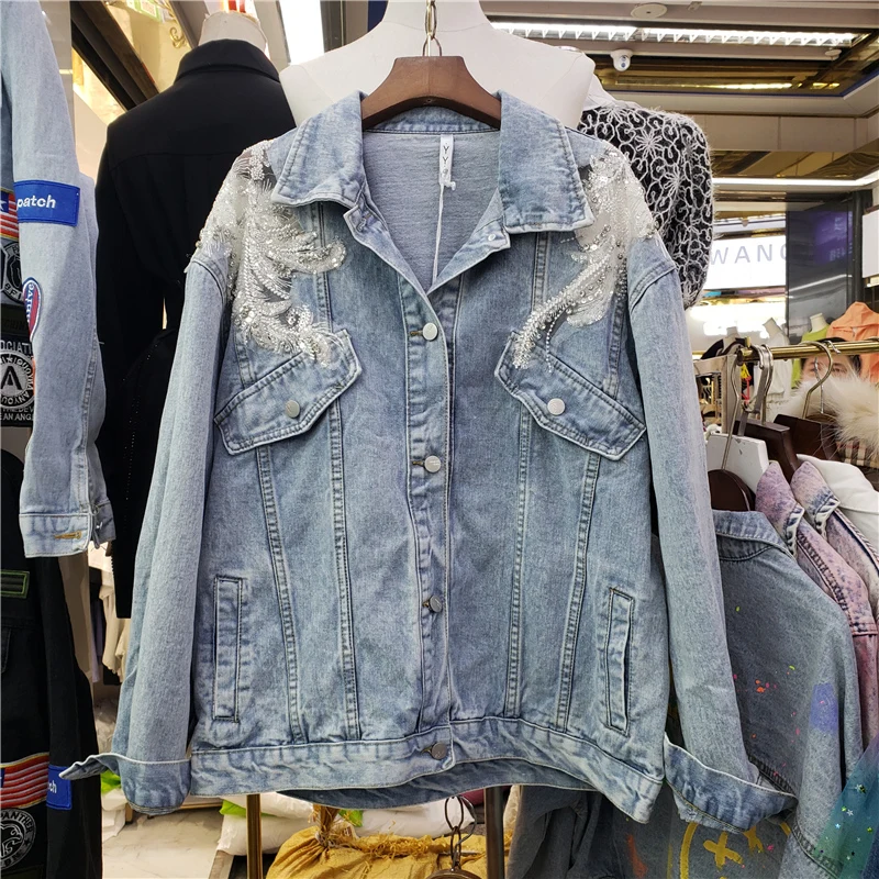 

Women Fashion Beaded Diamond Sequin Hollow Out Lace Splicing Light Blue Denim Jacket Autumn Female Long Sleeve Jeans Jacket Coat