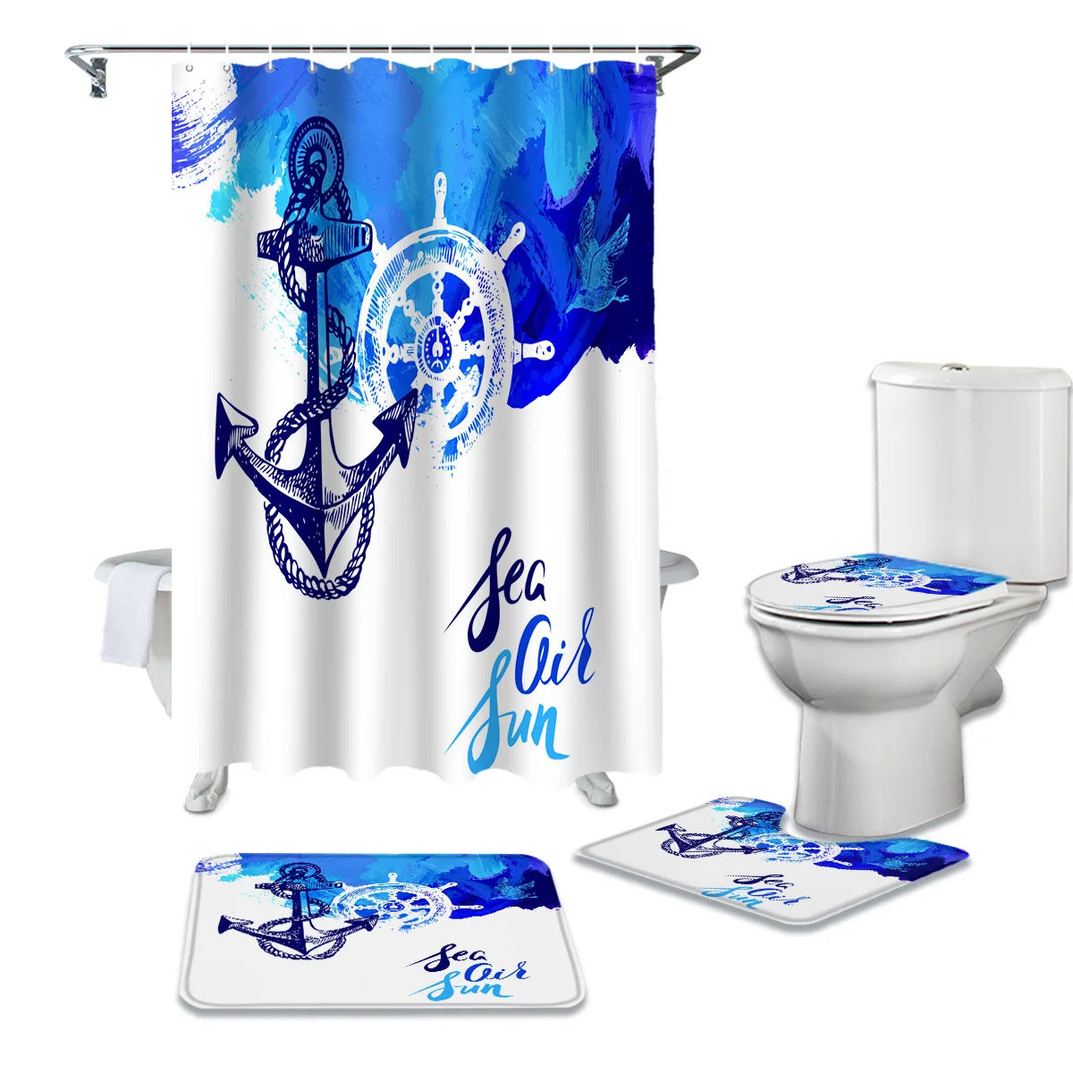 

Art Design Blue Anchor Rudder Shower Curtain Set Carpet Cover Toilet Cover Bathroom Mat Bathroom Household