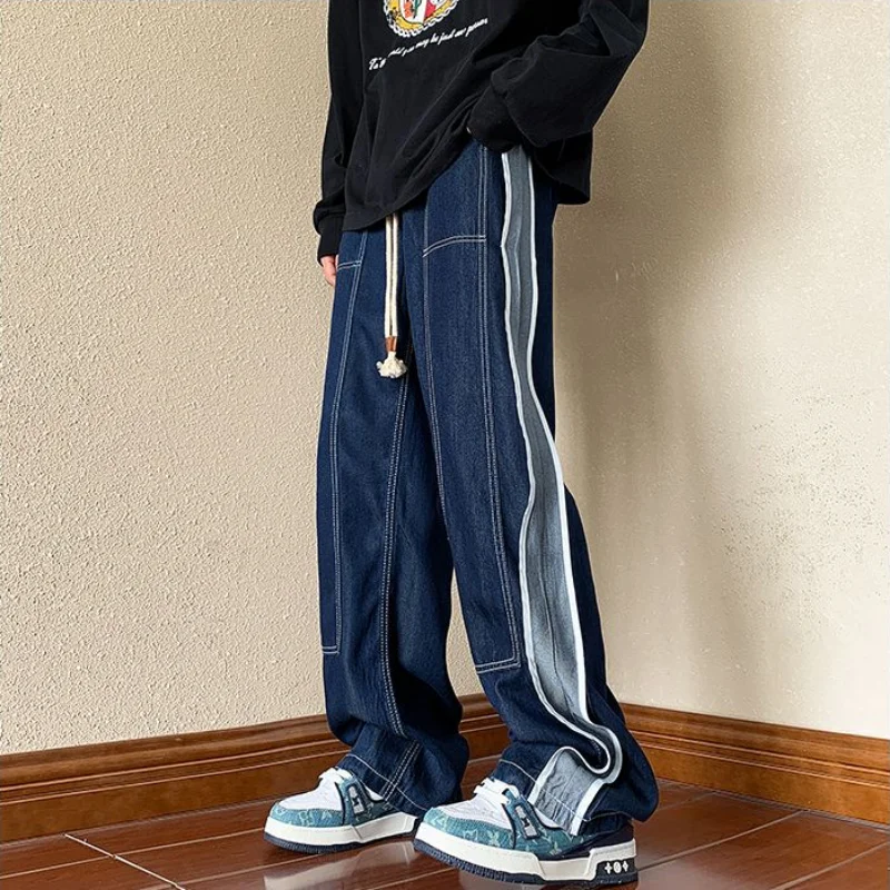 DEEPTOWN Patchwork Straight Jeans Men Streetwear Denim Pants Hip Hop Trousers Male Fashion Sportswear Loose Casual Spring Autumn