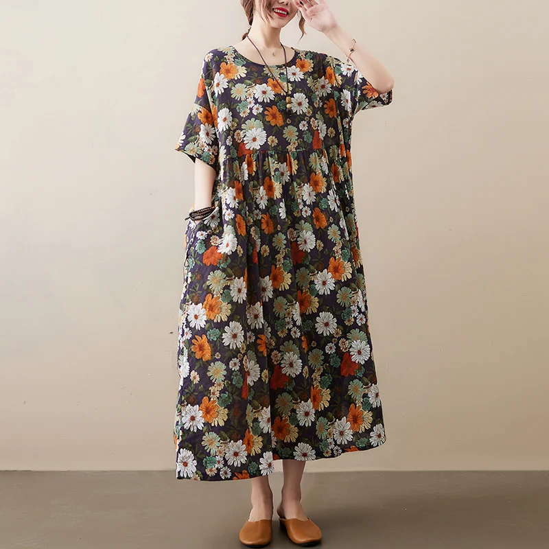 

SuperAen Summer 2022 New Retro Loose Short-sleeved O Neck Flowers Printing Big Swing A-LINE Casual Dress Women