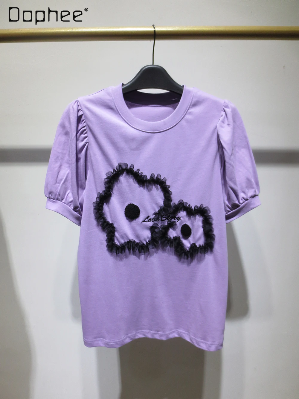 

Loose Mesh Flower Stitching Purple Tops Women Streetwear 2022 Summer New Temperament Women's Slimming Puff Sleeve T-shirt Female