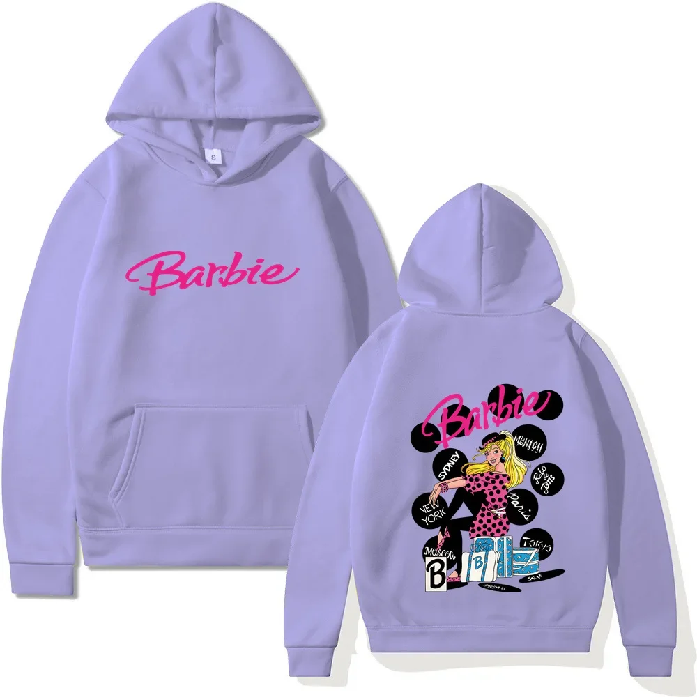 

MINISO Barbie The Movie Peripheral Women Fleece Sweatshirt Plain Letter Print Kangaroo Pocket Drawstring Print Hoodie Best Gift