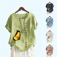 women fashion blouses butterfly printed tops summer short sleeve t shirt casual round neck tops ladies loose blouses