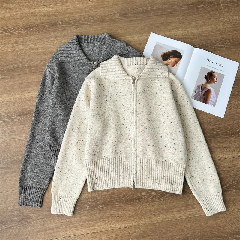 

Женский вязаный кардиган, однотонный свободный короткий свитер на молнии с отложным воротником, Осень-зима