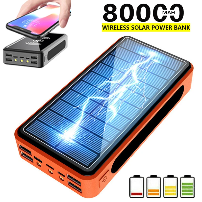 

80000mAh Wireless Solar Power Bank External Battery PoverBank Portable 4USB LED Powerbank Mobile Phone Charger for Xiaomi Iphone