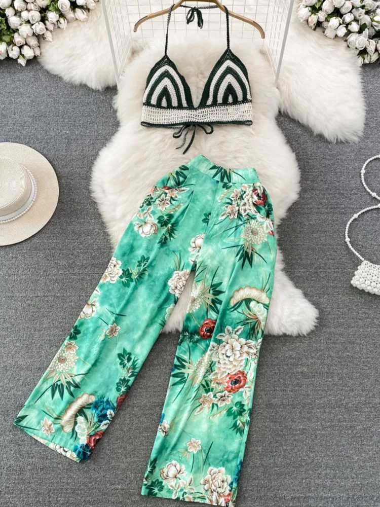 

Женский брючный костюм с цветочным принтом, элегантный повседневный костюм из двух предметов, майка без рукавов, широкие брюки, пляжный костюм на лето
