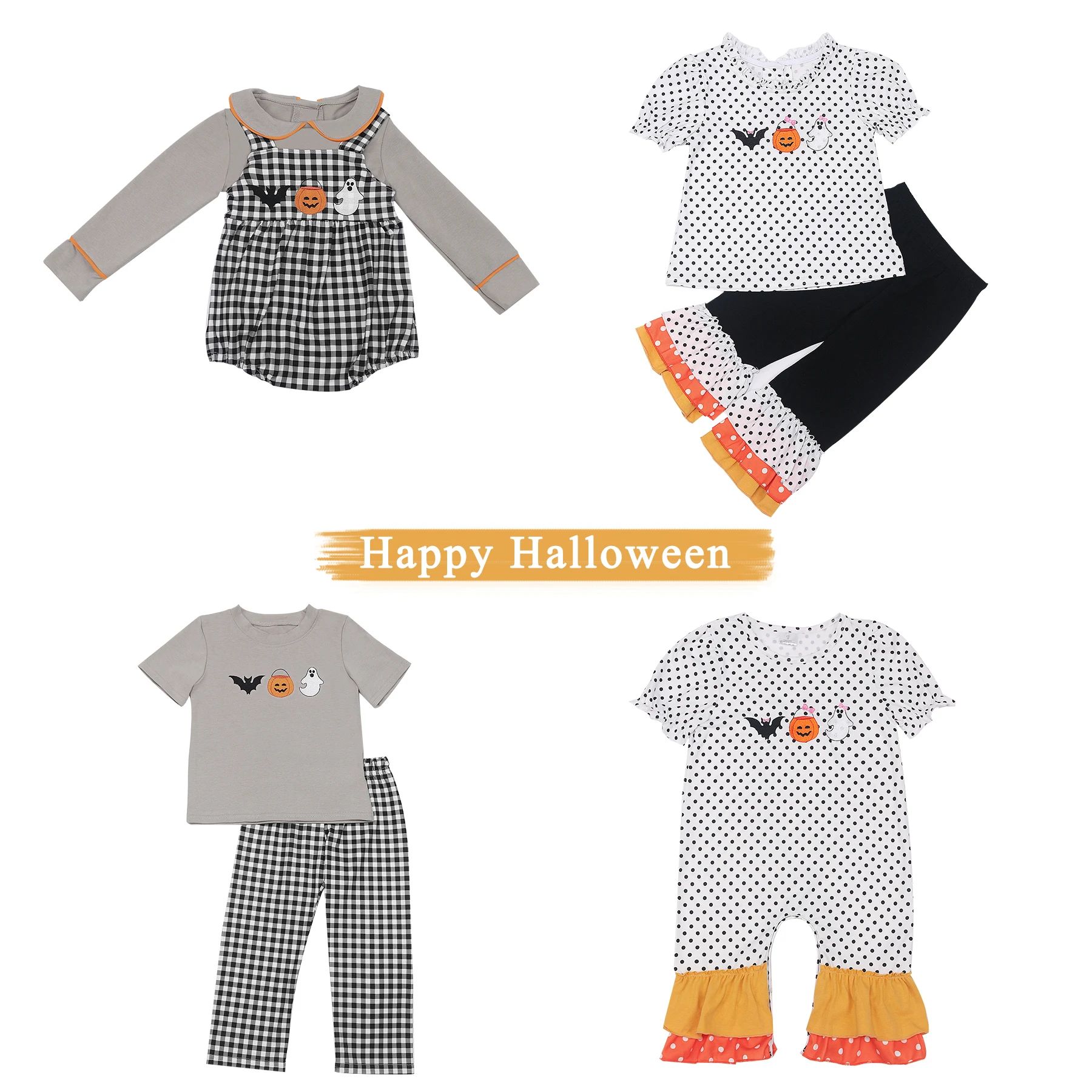 Halloween Cotton Long Sleeve T-shirt Set Round Neck Pumpkin Embroidery Boy White Dot Top Clothes And Black Lattice Suit Romper