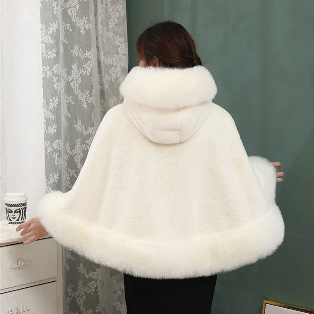 Women Hooded Capes Cloak Winter Thick Warm Hoodie Fur Shawl White Red Black Wedding Dress Bride Fur Cape Ponchos Thicken