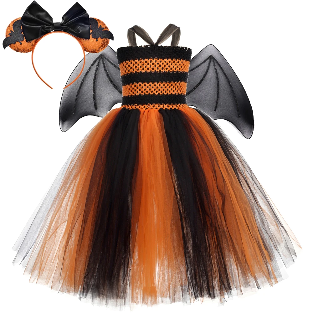 

Bat Halloween Costumes For Girls Kids Witch Tutu Dress With Wings Bow Children Carnival Party Cosplay Outfit Girl Long Ball Gown