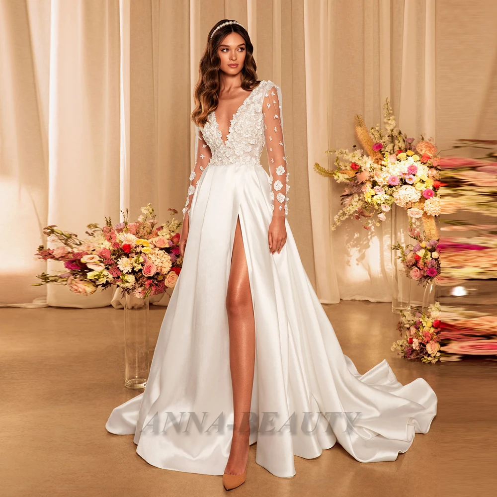 

Anna Deep V Neck 3D Appliques Modern Wedding Dresses Stain Slit Long Sleeve Backless Court Train Vestidos De Novia Brautmode
