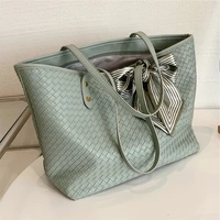 summer green scarf woven pu leather big tote bags for women designer brand large capacity ladies work shopper shoulder bags 2022