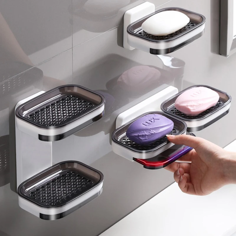 Soap Dish Double Drain Bathroom Holder Wall-mounted No Punching Save Space Detachable Sponge Storage Strong Bearing Capacity