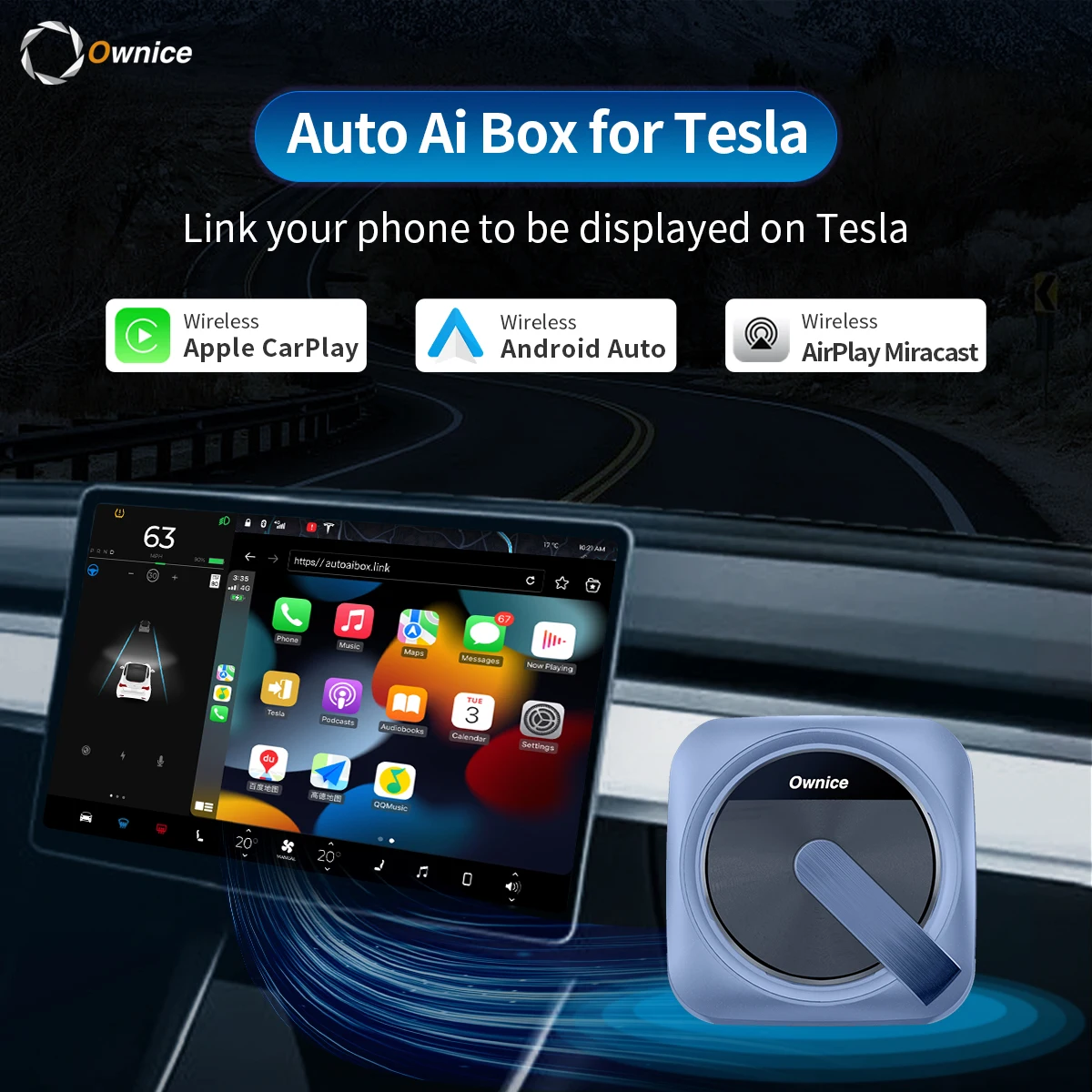 Ownice T-Box T3 for Tesla Model 3 Y S X Link Siri Voice Wireless CarPlay Android Auto AirPlay Miracast Waze Spotify for Apple