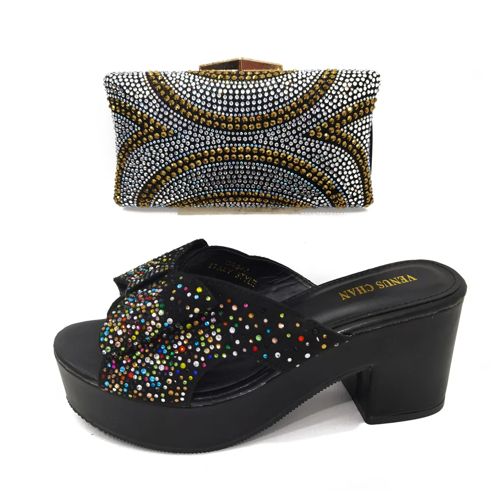 Summer New Coming Italian design Black Color Shoes And Bag To Match Set Nigerian High Heels Party with Mature style