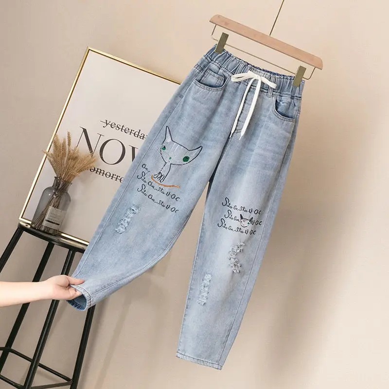 

Брюки женские рваные джинсовые с вышивкой, эластичные винтажные мешковатые штаны из денима с высокой талией для мам, большие размеры