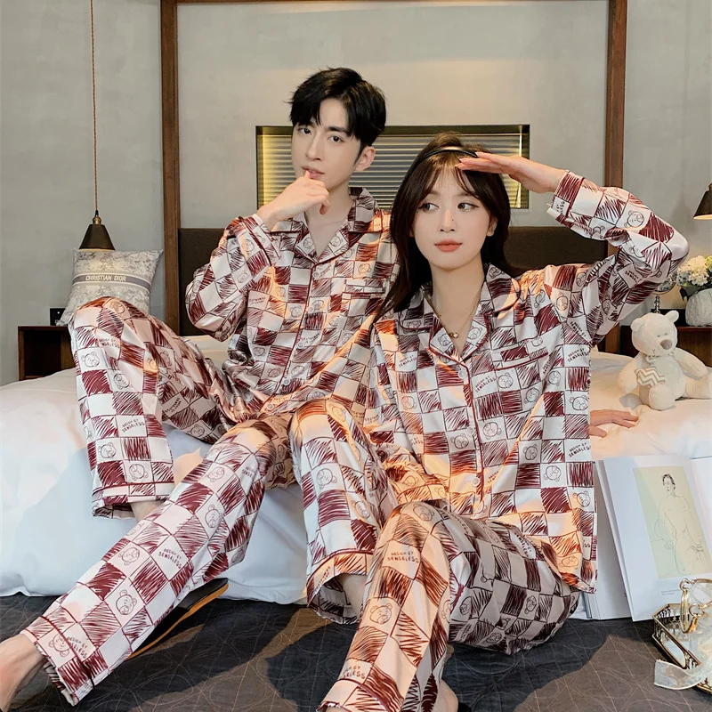 

Spring and Autumn Ice Silk Couple Pajamas Two-piece Print Plus Fat Size Couple Trousers Long-sleeved Home Service Suit Women