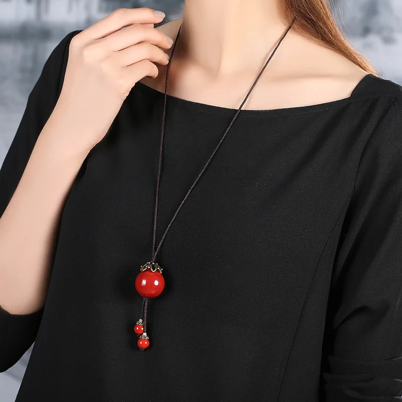 Ретро кулон женский керамический этническое ожерелье длинная цепочка для