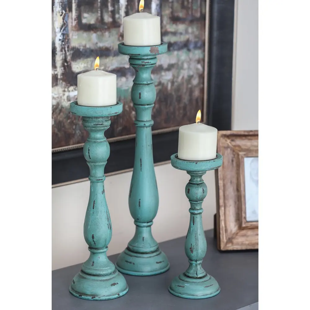 

Traditional Wood Blue Pillar Candle Holders Set of 3 19", 15", 11" H with a Round Candle Plate and Bell Shaped Base