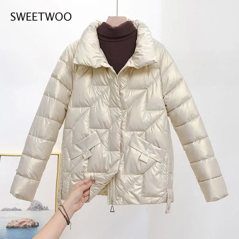 Women Jacket 2022 New Winter Parkas Female Glossy Down Cotton Jackets Stand Collar Casual Warm Parka Short Coat Female Outwear