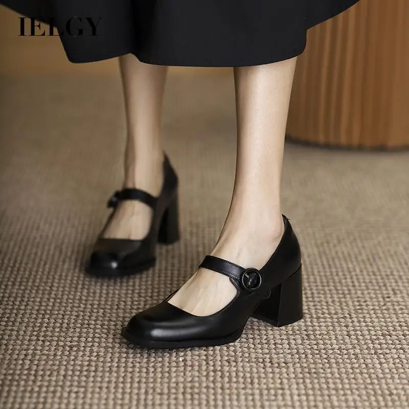 

IELGY Ladies Vintage Buckle Square Toe High Heel Shoes