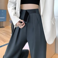 2022 spring women khaki wide leg pants high waist loose leisure pleated office work wear black trouser patch designs