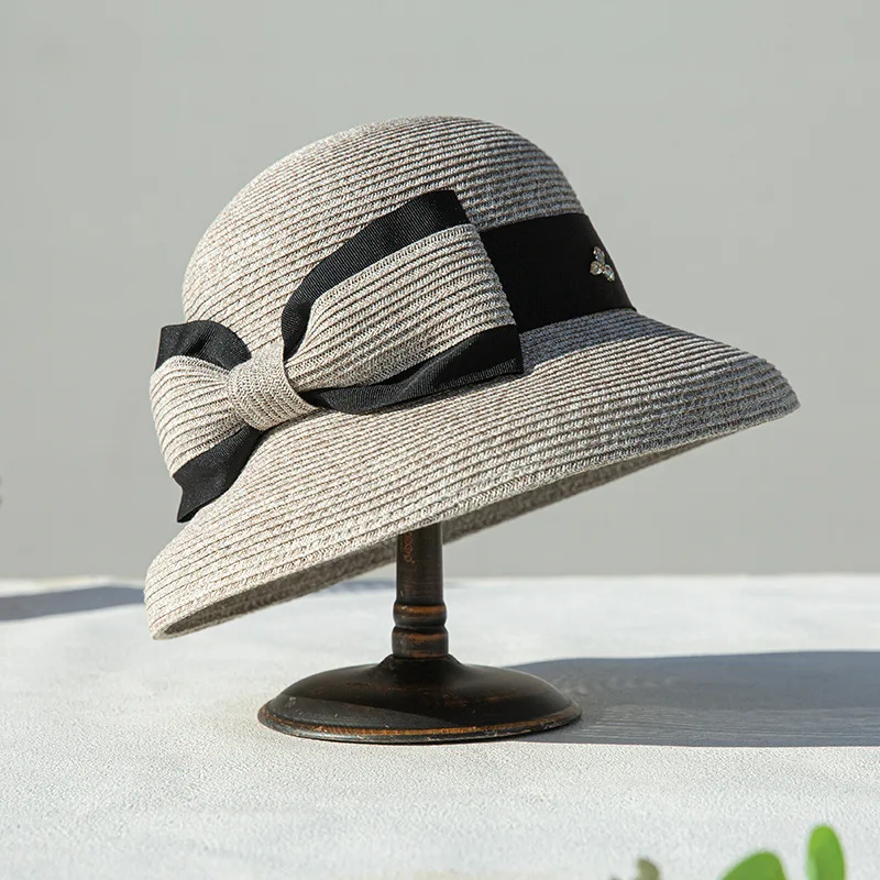 

French Elegant Straw Hat Women Outdoor Sun Hat Summer Panama Cap Lady Retro Hepburn Style Fisherman Beach Cap Foldable Bonnet